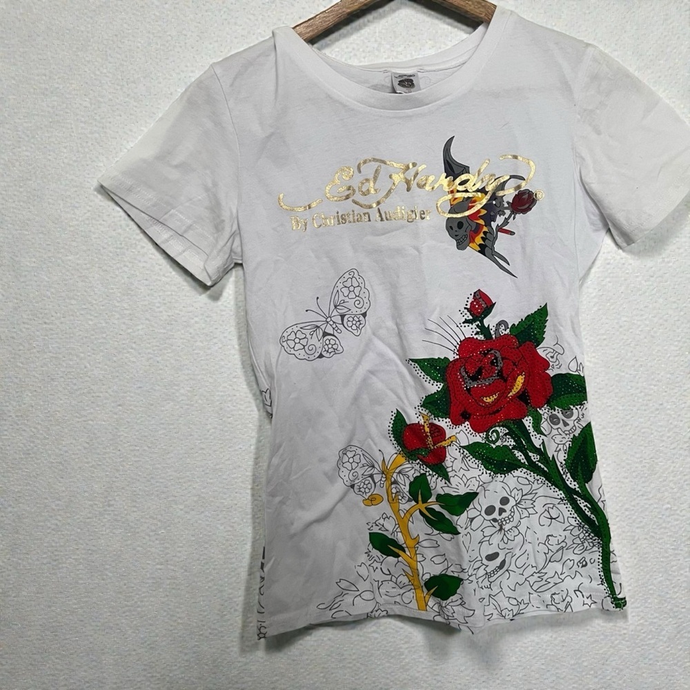 Ed Hardy by Christian Audigier Graphic Tee | Tattoo Rose Skull Butterfly Top M